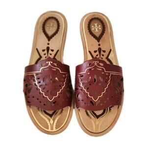 Tory Burch Annika Flat Sandals Size 9 Laser Cut Leather Slide
